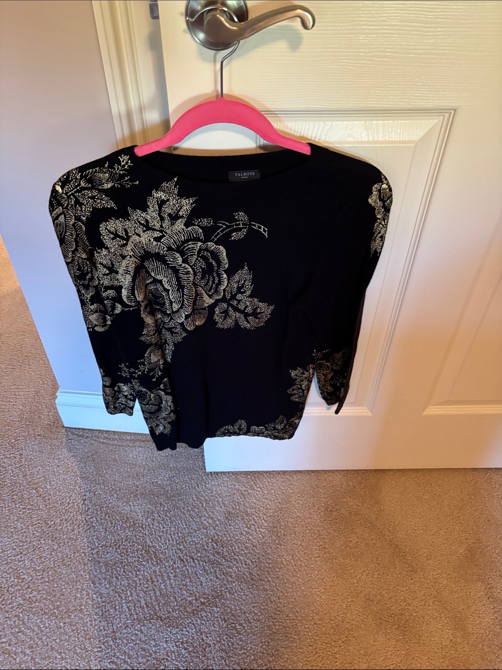 Talbots Black Long Sleeve Knit Top with Metallic Floral
